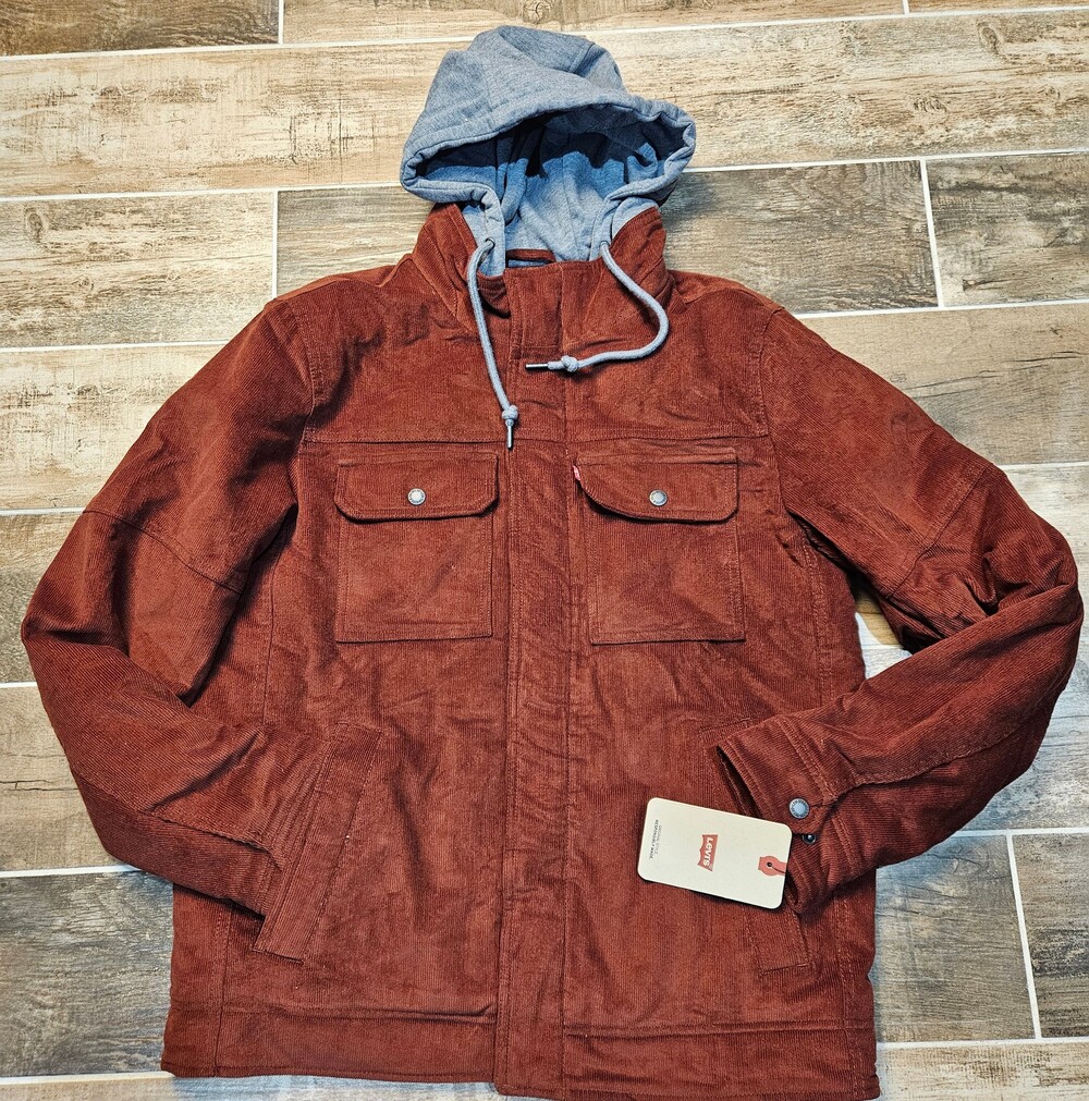 NWT Levi's Men's Hooded Corduroy Worker Jacket Rust Red Size Small S Quilted